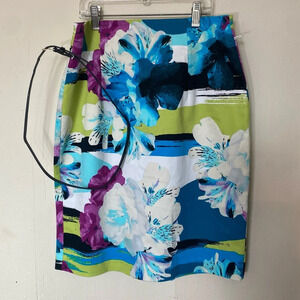 Worthington Floral Multicolor Blue Purple Green Pencil Skirt Skinny Belt Sz 8